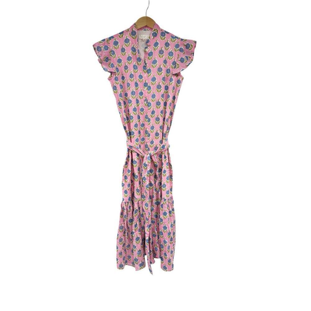 Darlington Isle Pink Floral Midi Dress 100% Cotton Preppy Charm Modest Womens XS